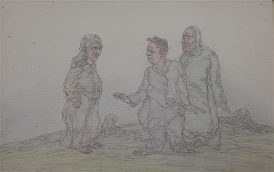 § Austin Osman Spare (1888-1956) Three robed figures in a desolate landscape 8 x 13in. unframed